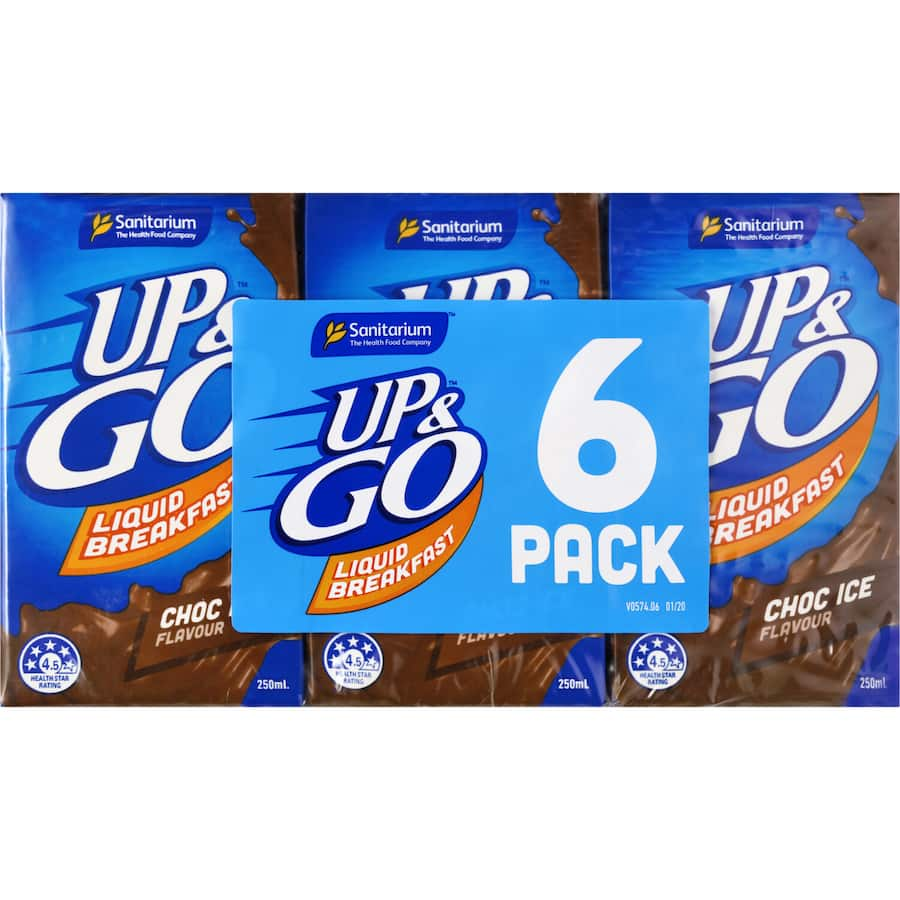 Sanitarium Up & Go Liquid Breakfast Choc Ice, a 250ml nutritious chocolate drink for busy mornings, packed with protein and fiber.