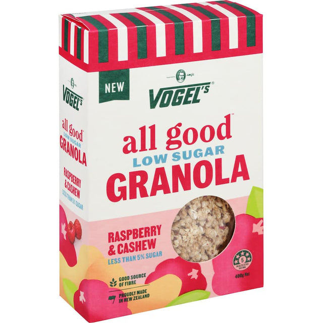 Vogels All Good Granola with raspberry and cashew, featuring crunchy oat clusters and vibrant freeze-dried fruit.