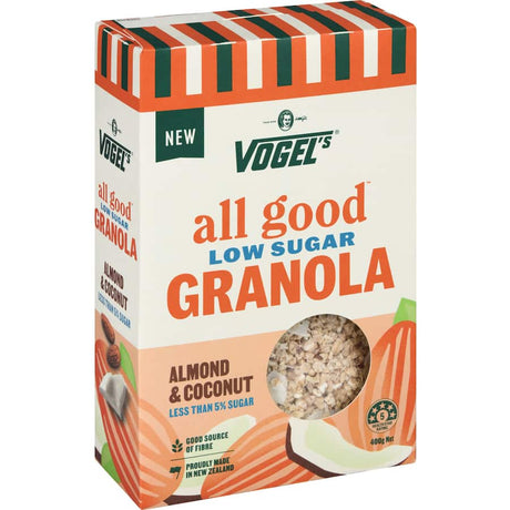 Vogels All Good Granola Almond Coconut: crispy oat clusters, sliced almonds, and coconut flakes for a nutritious breakfast treat.