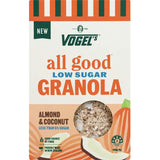 Vogels All Good Granola Almond Coconut featuring crunchy oat clusters, almonds, coconut flakes, and seeds for a nutritious breakfast.