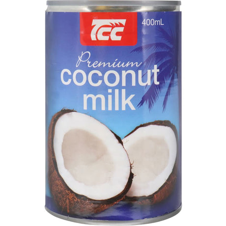 Creamy TCC Coconut Milk Premium, perfect for enhancing Asian dishes, desserts, and beverages; vegan and gluten-free.