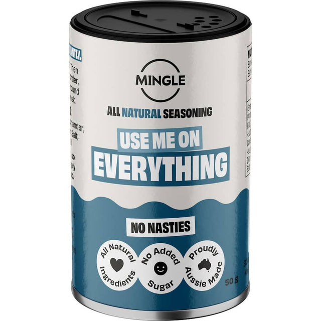 Mingle's Use Me On Everything Spice Mix, a natural seasoning for enhancing chicken, beef, veggies, and lamb dishes.