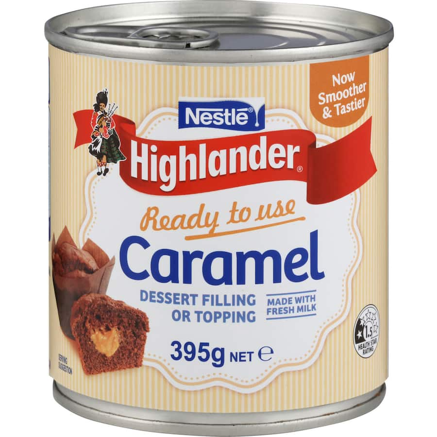 Nestle Highlander Caramel Filling in a jar, featuring a rich, creamy texture perfect for baking and dessert toppings.