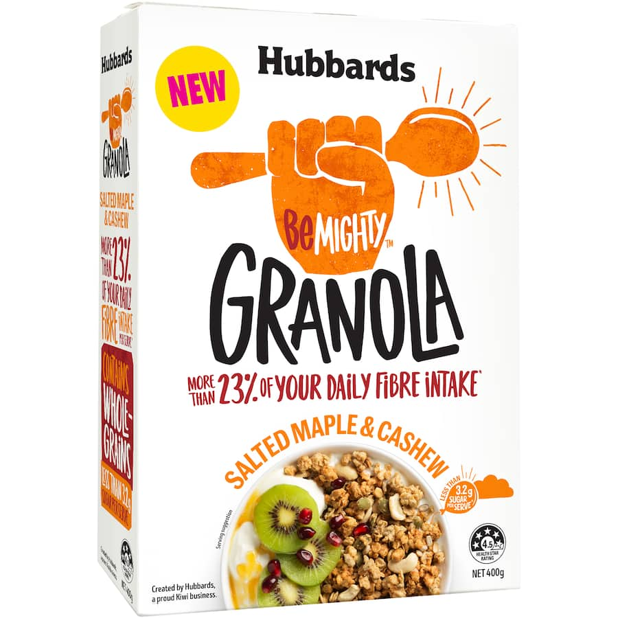 Be Mighty Granola Salted Maple & Cashew: crunchy granola with maple syrup, cashews, whole grains, and low sugar for a nutritious start.