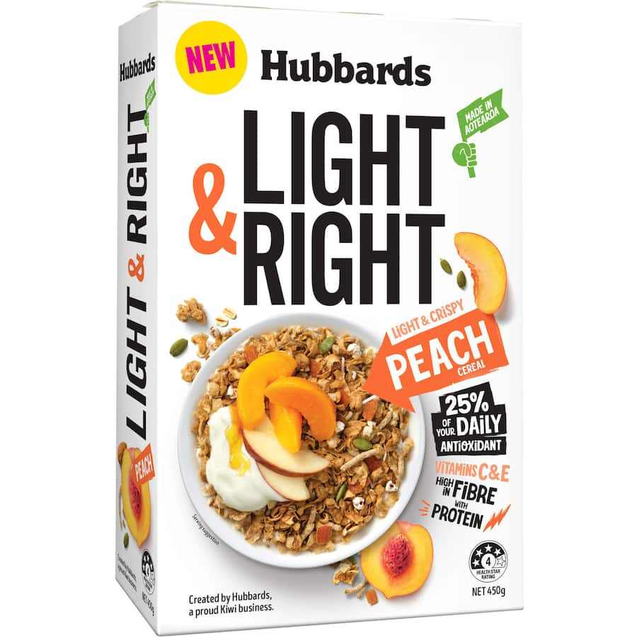 Hubbards Light & Right Cereal with peach and seeds, perfect for a healthy, energizing breakfast.