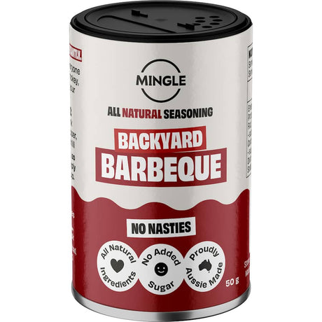 Mingle Backyard BBQ Rub: natural seasoning for smoky, sweet flavor enhancement on beef, ribs, burgers, and veggies.