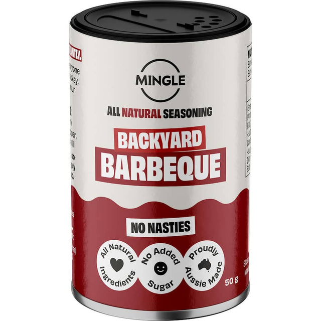 Mingle Backyard BBQ Rub: natural seasoning for smoky, sweet flavor enhancement on beef, ribs, burgers, and veggies.