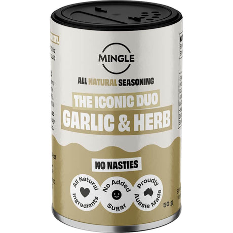 Mingle The Iconic Duo Garlic & Herb Mix: a natural seasoning blend enhancing flavors in meats and vegetables effortlessly.