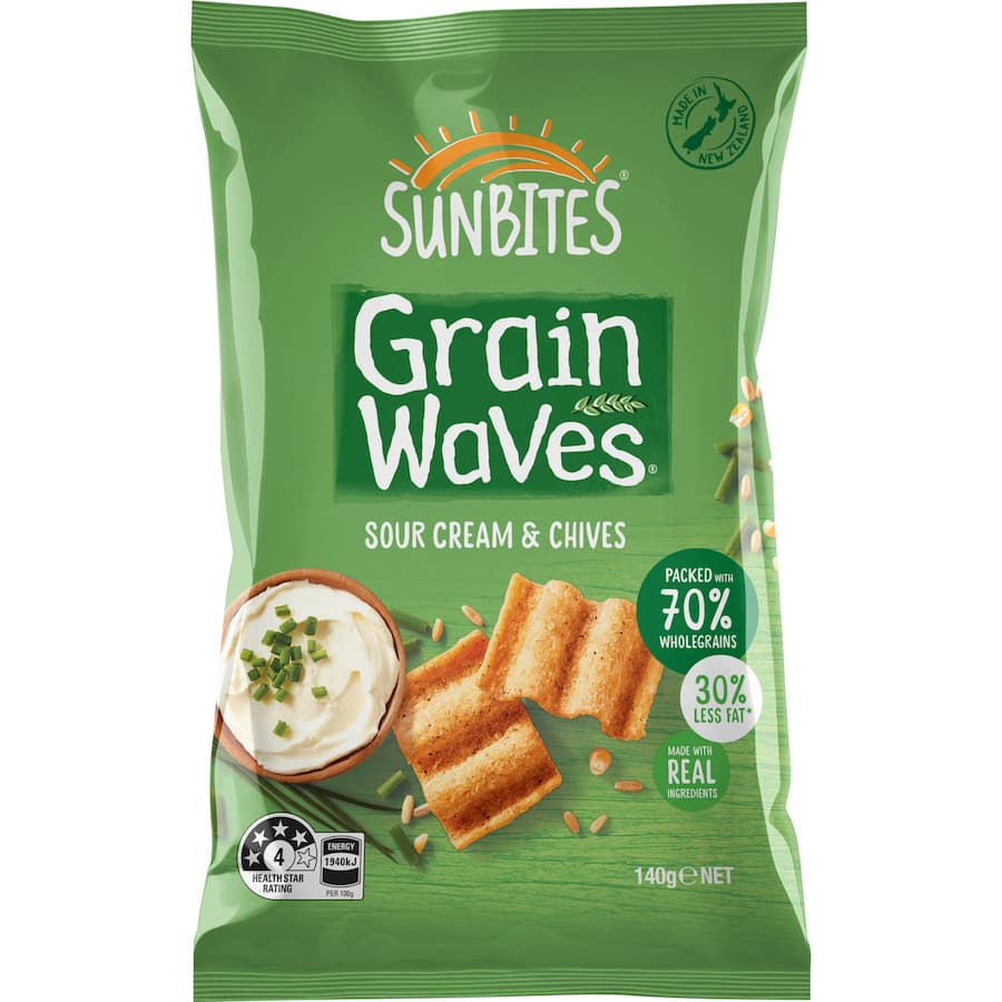 Sunbite Grain Waves Wholegrain Chips featuring a crunchy texture and sour cream & chives flavor, made with 70% wholegrain.