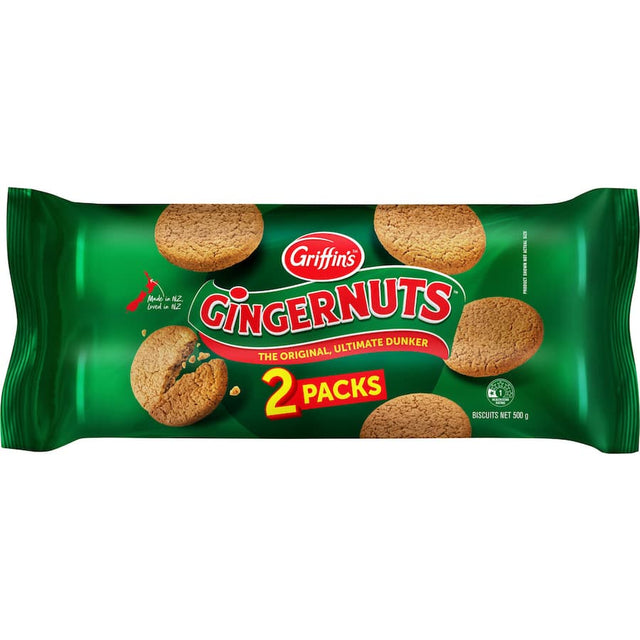 Griffins Ginger Biscuits Gingernuts Twin Pack: crunchy ginger biscuits, perfect for dunking, free from artificial additives.