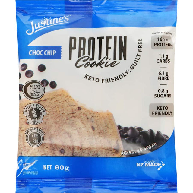 Delicious Justine's Protein Cookie Chocolate Chip packed with high-quality protein, perfect for post-workout or guilt-free snacking.