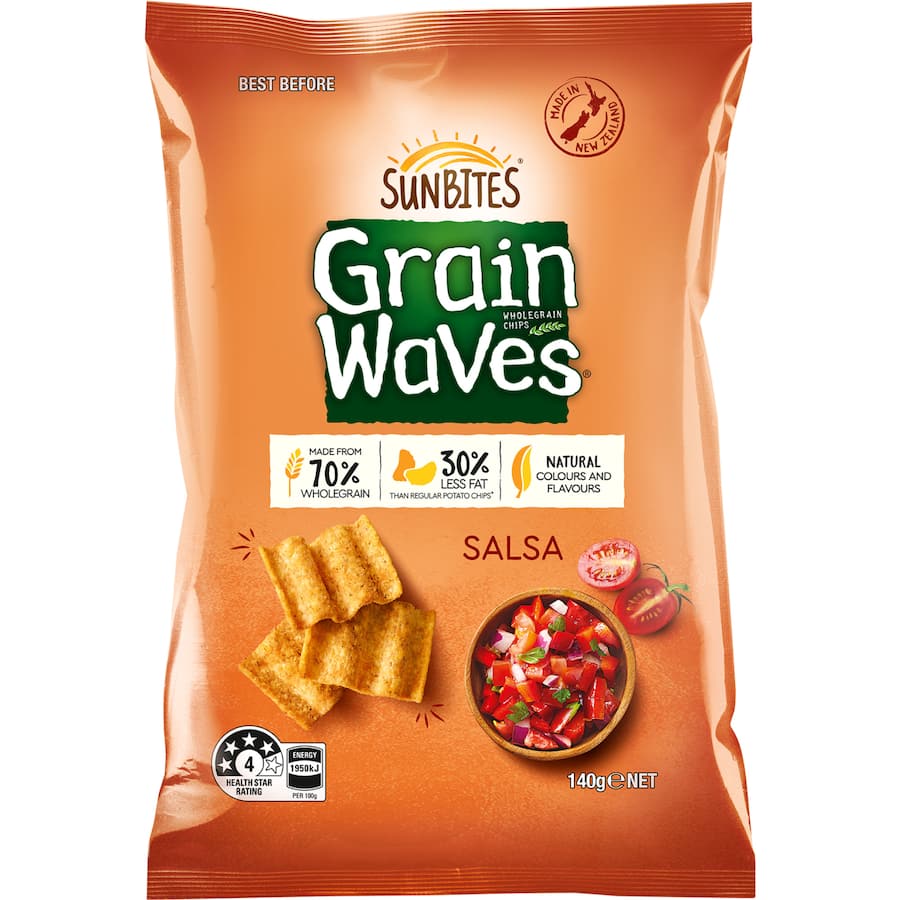 Crunchy Sunbite Grain Waves wholegrain chips in delicious Salsa flavor, made with 70% wholegrain and 30% less fat.