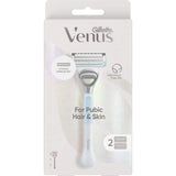 Gillette Venus Pubic Hair & Skin Razor designed for gentle, close shaving in delicate areas with a moisturizing strip for smooth skin.