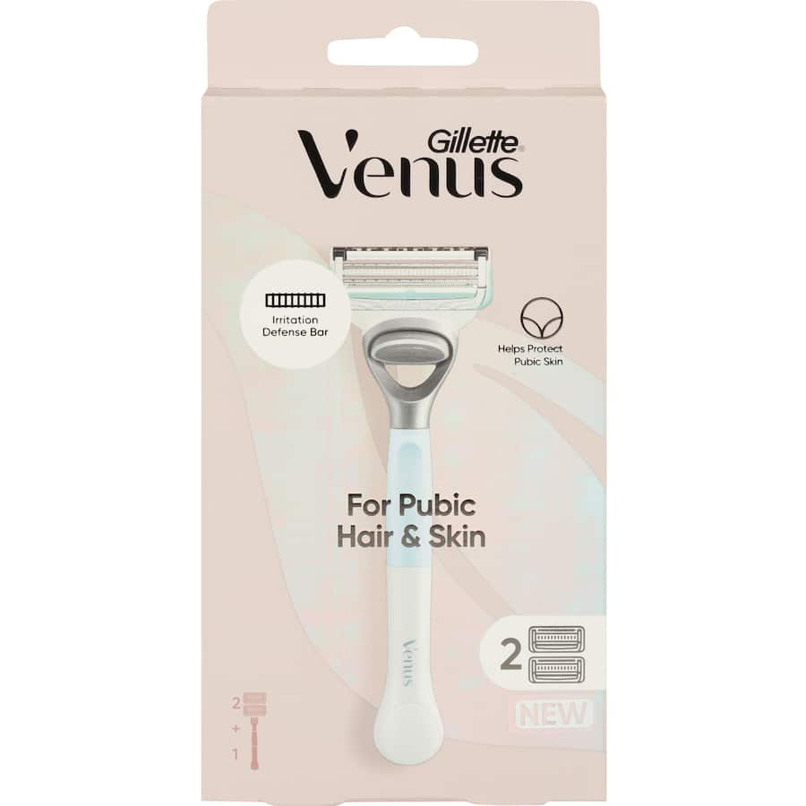 Smooth and comfortable Gillette Venus razor designed for intimate areas, featuring a precision trimmer and moisturizing strip.