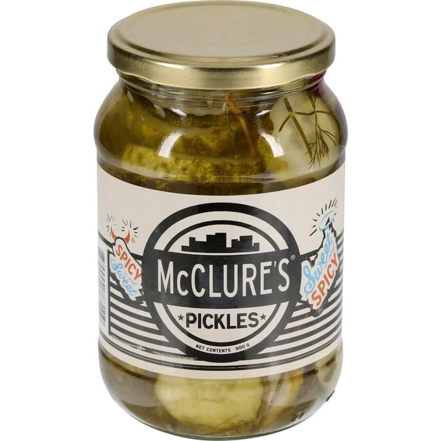 McClure's Sweet & Spicy Gherkins with crinkle cuts, blending sweetness and heat for a zesty snack or sandwich topping.