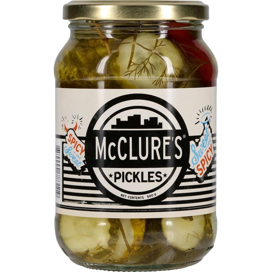 McClure's Sweet & Spicy Gherkins, crinkle-cut pickles with a perfect balance of sweetness and heat, ideal for snacks and sandwiches.