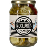 McClure's Sweet & Spicy Gherkins, crinkle-cut pickles with a perfect balance of sweetness and heat, ideal for snacks and sandwiches.