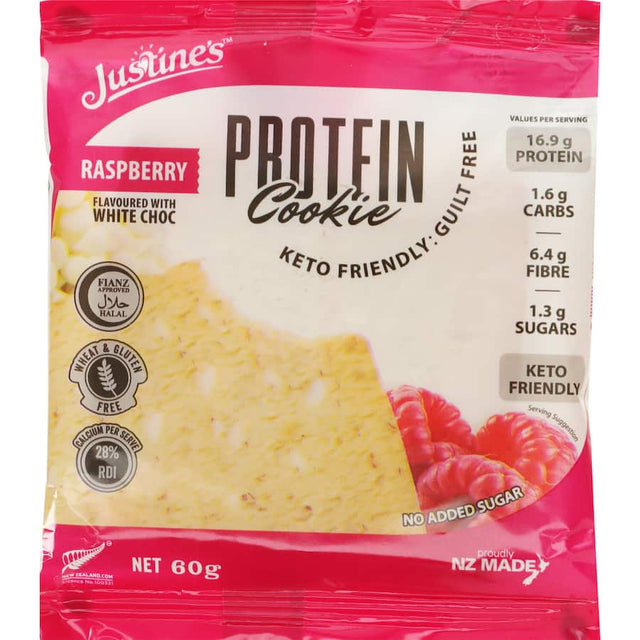 Justine's Protein Cookie White Chocolate & Raspberry: A protein-packed treat with creamy white chocolate and tangy raspberry bits.