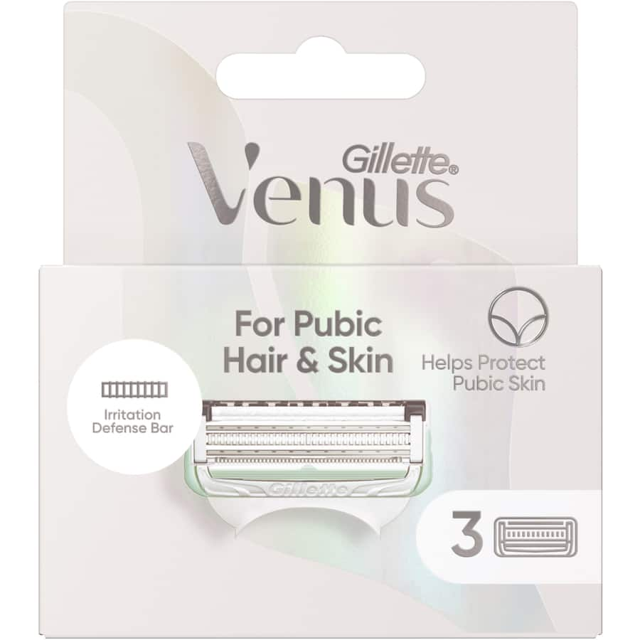 Gillette Venus Pubic Hair & Skin razor, featuring rounded blades for a smooth, comfortable shave in sensitive areas.