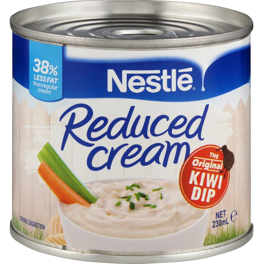 Nestle Reduced Cream in a resealable container, perfect for adding light creaminess to desserts and savory dishes.