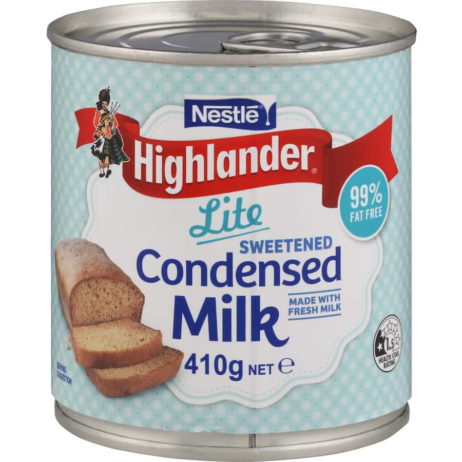 Highlander Condensed Milk Lite Sweetened, a creamy, low-calorie option perfect for baking, desserts, and adding sweetness to beverages.