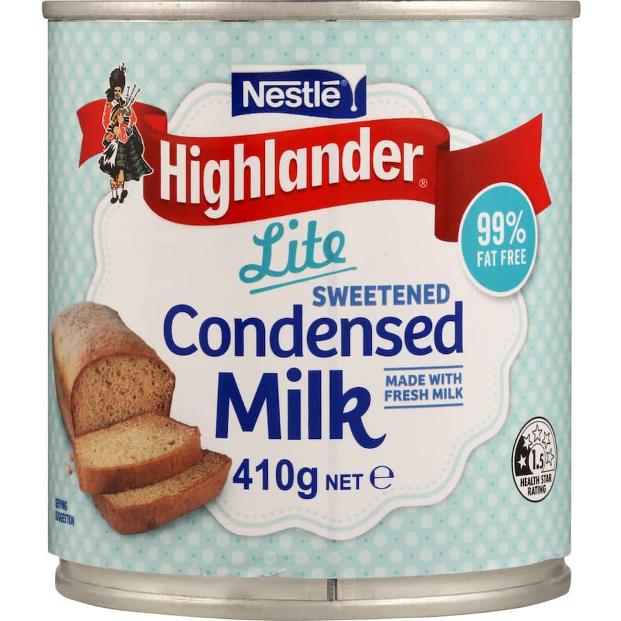 Highlander Condensed Milk Lite Sweetened offers a creamy, lower-calorie alternative for baking and sweetening drinks.