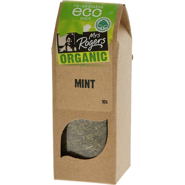 Mrs Rogers Eco Organic Mint: vibrant, eco-friendly herb ideal for enhancing dishes and promoting health with refreshing flavor.