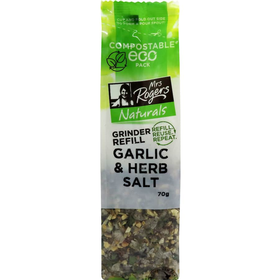 Mrs Rogers Gourmet Garlic Herb Salt in a stylish container, perfect for enhancing the flavor of various dishes.