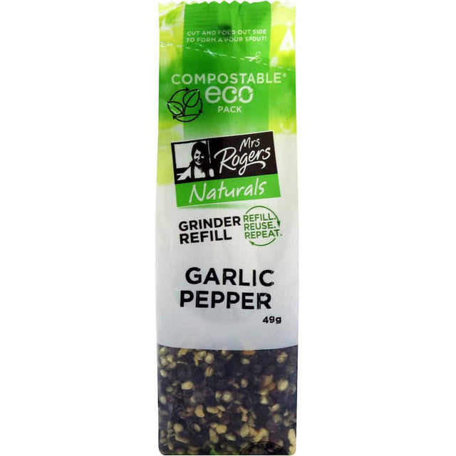 Mrs Rogers Garlic Pepper blend, perfect for enhancing stir-fries, grilled meats, and roasted vegetables with savory flavor.