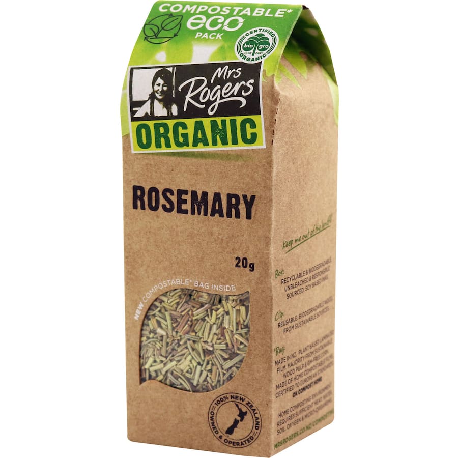 Mrs Rogers Eco Organic Rosemary in a clear package, perfect for adding fresh, earthy flavor to culinary dishes.