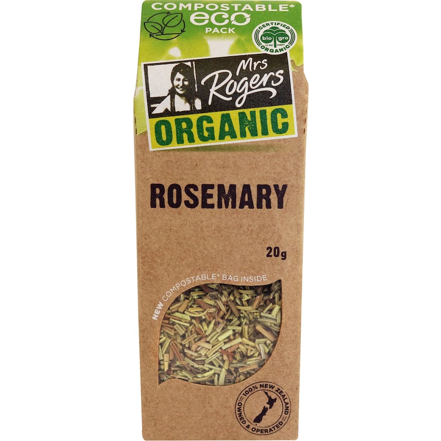 Mrs Rogers Eco Organic Rosemary, a fresh, pesticide-free herb ideal for enhancing meats and soups with earthy flavor.