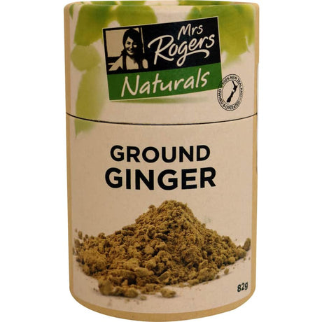 Mrs Rogers Naturals Ginger Ground bottle, showcasing rich flavor and versatility for baking, cooking, and beverages.