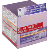 L'Oreal Revitalift Filler Moisturiser with SPF 50 promotes youthful skin with micro-filler hyaluronic acid for deep hydration.