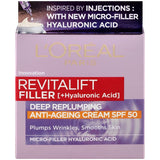 L'Oreal Revitalift Filler Moisturiser SPF 50, anti-aging cream with micro-filler hyaluronic acid for deep hydration and sun protection.