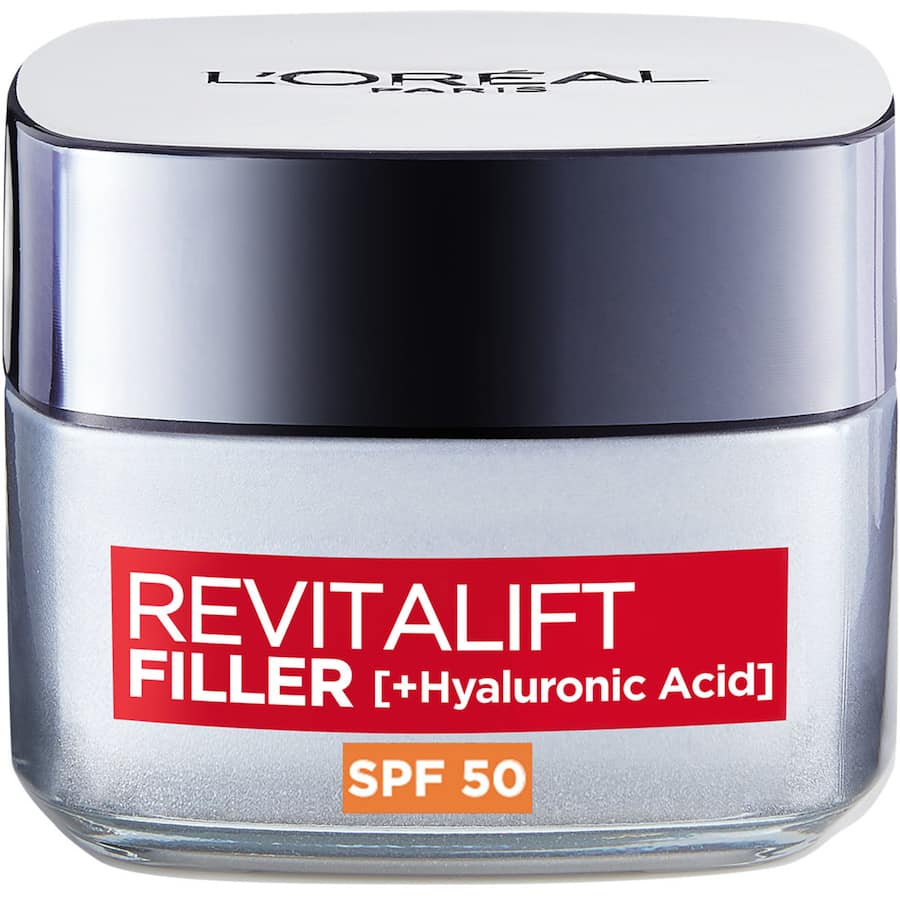 L'Oreal Revitalift Filler Moisturiser cream with SPF 50 for anti-aging, hydrating skin, and reducing fine lines and wrinkles.