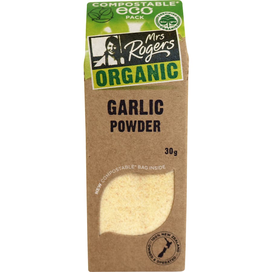 Mrs Rogers Eco Organic Garlic Powder in eco-friendly packaging, ideal for enhancing flavors in various dishes.