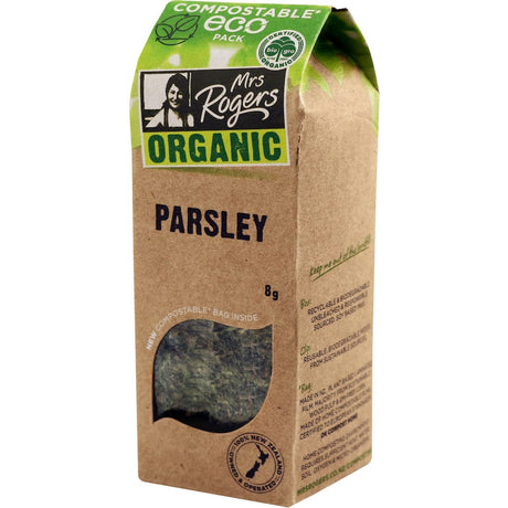 Fresh and vibrant Mrs. Rogers Eco Organic Parsley, perfect for enhancing dishes with flavor and nutrition.