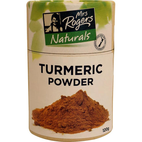 Mrs Rogers Naturals Turmeric Powder in a vibrant golden hue, perfect for enhancing dishes and promoting wellness.