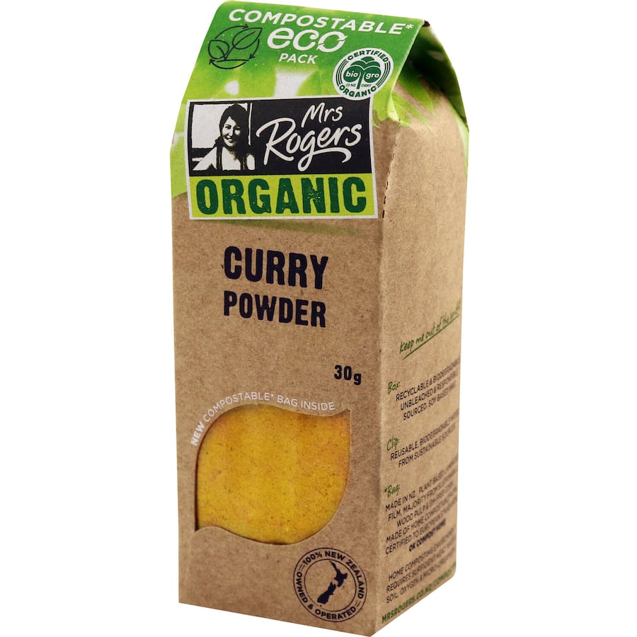 Mrs Rogers Eco Organic Curry Powder, a vibrant spice blend of turmeric, coriander, and cumin for delicious, wholesome meals.