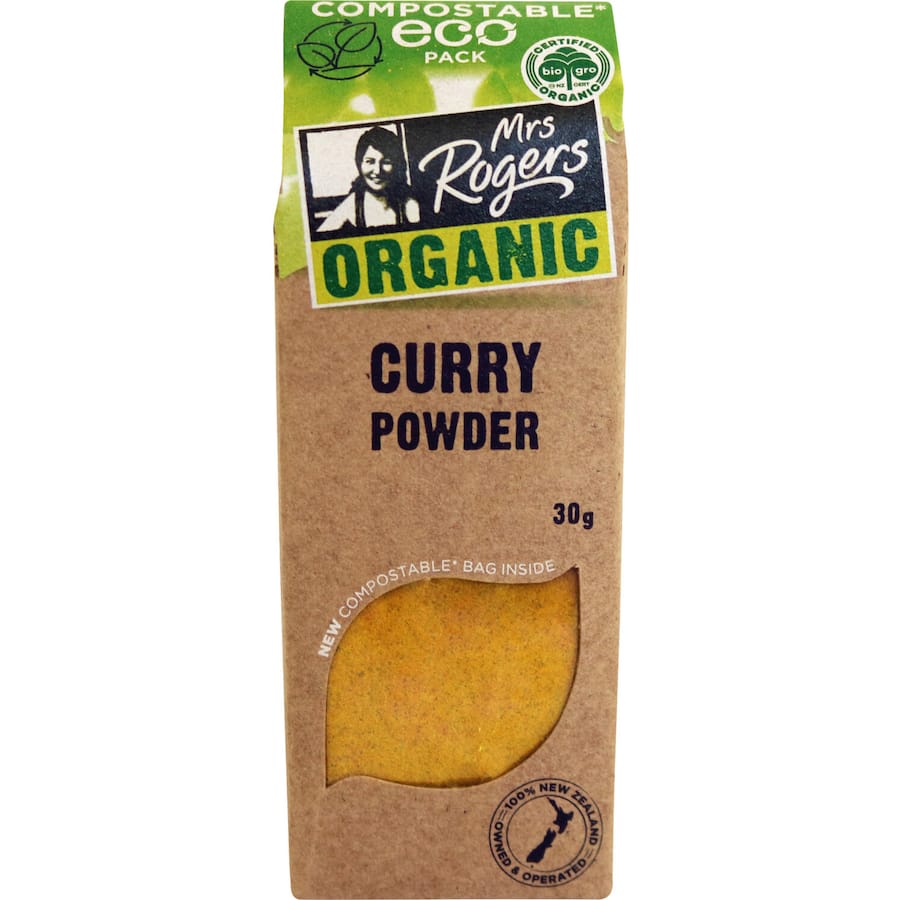 Mrs Rogers Eco Organic Curry Powder, a vibrant blend of turmeric, coriander, and cumin for enhanced flavor in your dishes.