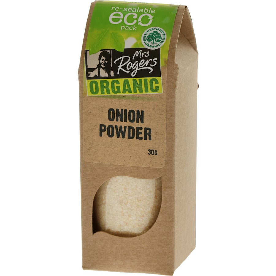 Mrs Rogers Eco Organic Onion Powder in a shaker bottle, enhancing dishes with rich, savory flavor from sustainably sourced onions.