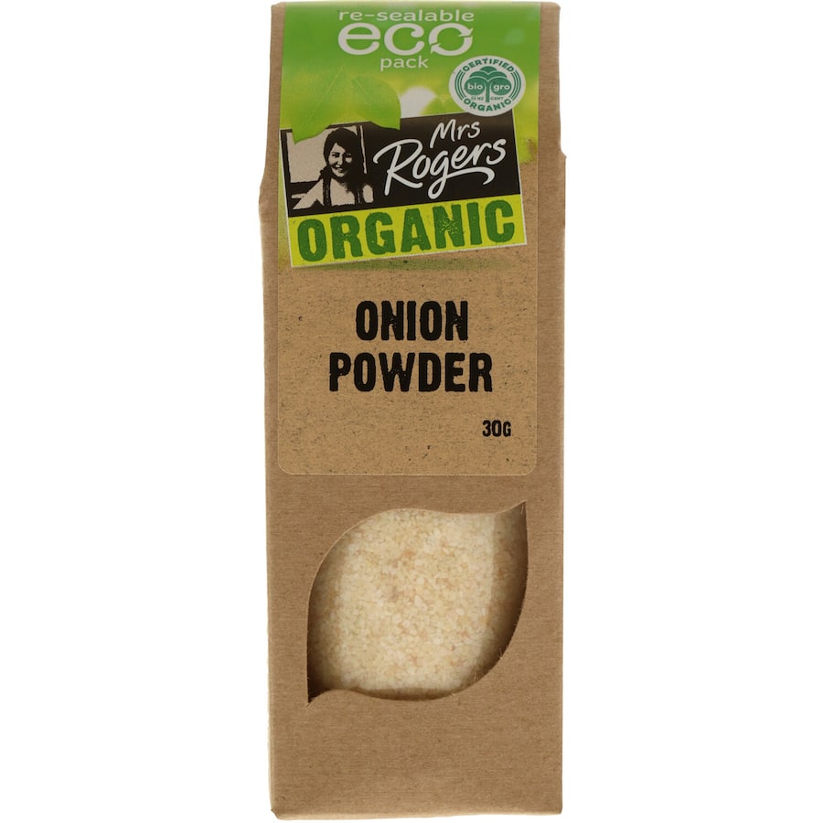 Mrs Rogers Eco Organic Onion Powder in a shaker bottle, adding rich flavor to culinary creations with sustainably sourced ingredients.