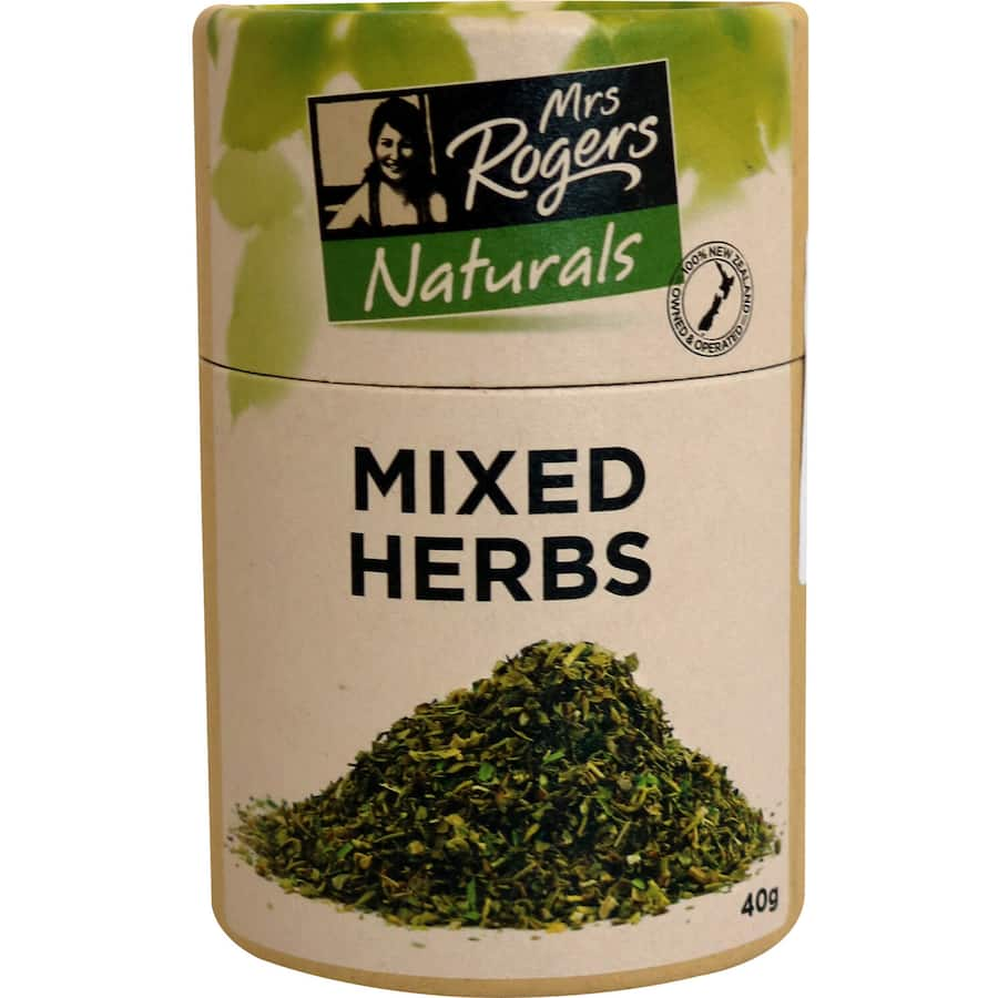 A jar of Mrs Rogers Naturals Mixed Herbs featuring a blend of basil, oregano, rosemary, and thyme for flavorful cooking.