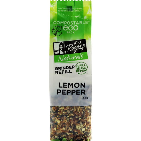 Mrs. Rogers Lemon Pepper seasoning bottle showcasing a blend of zesty lemon and bold black pepper for flavorful cooking.