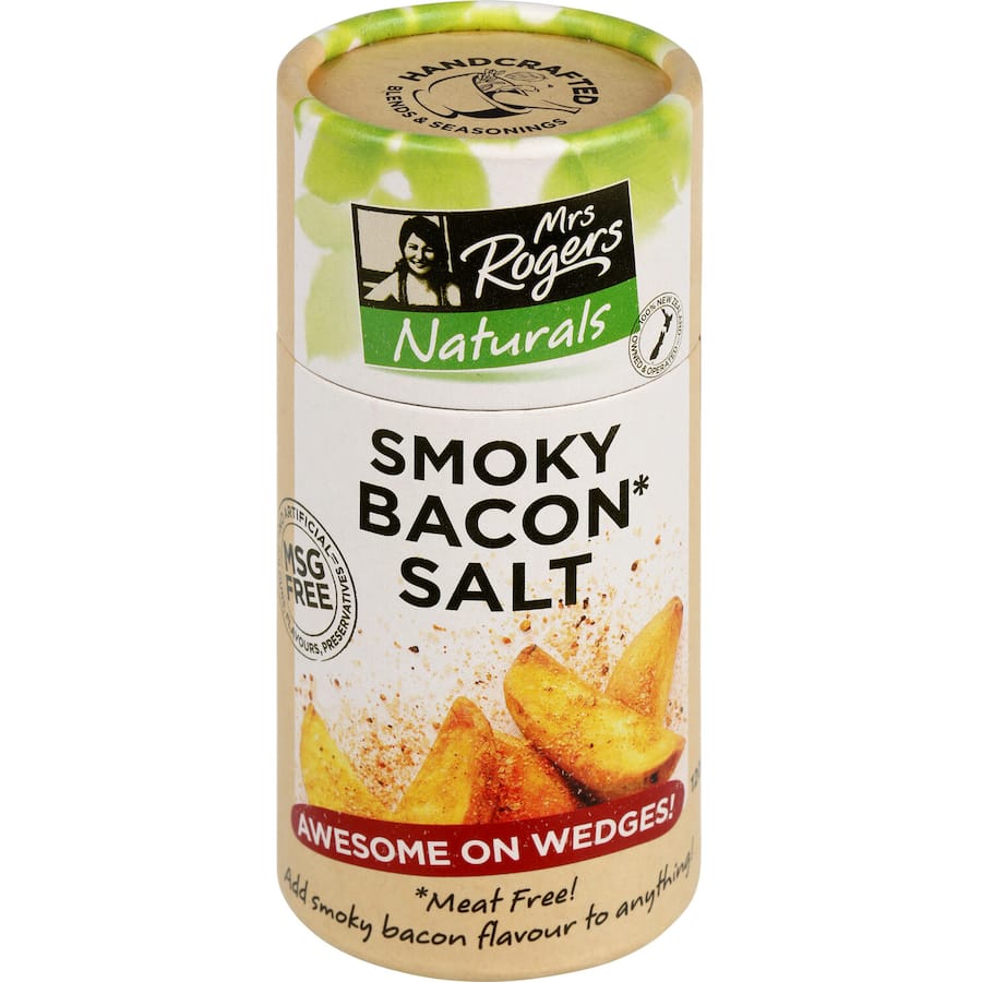 A jar of Mrs Rogers Naturals Smoky Bacon Salt, featuring a blend of sea salt and smoky bacon flavor for versatile seasoning.