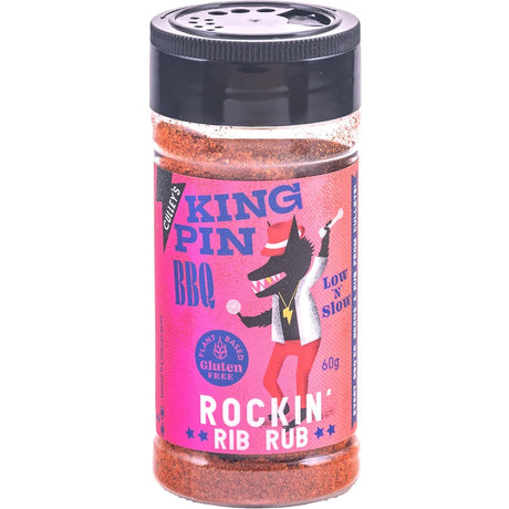 Culleys King Pin BBQ Rub, a sweet and smoky seasoning for ribs and meat, ensures flavorful, tender BBQ every time.