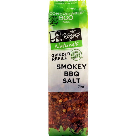 Mrs Rogers BBQ Salt Smokey in a jar, infused with Himalayan pink salt and rich, smoky flavors for grilling and seasoning.