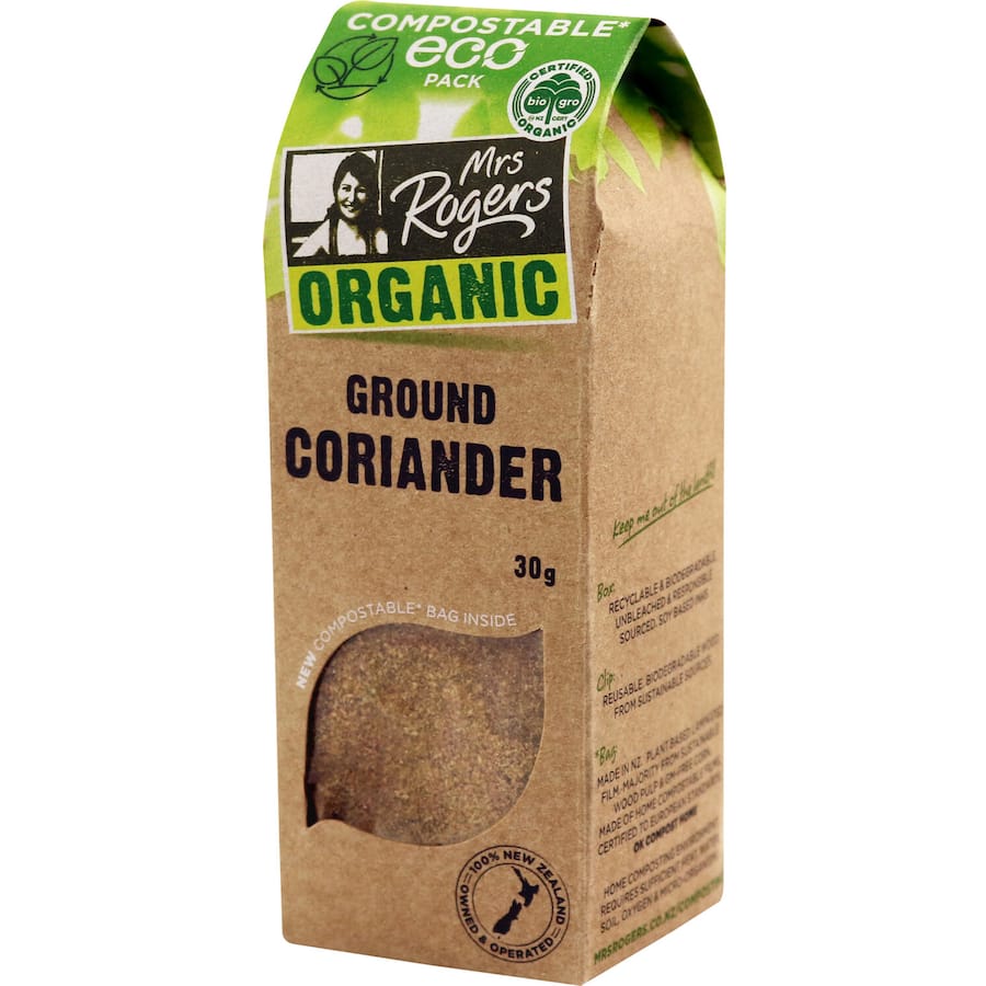 Mrs Rogers Eco Organic Coriander Ground, a certified organic spice for enhancing flavors in cooking, curries, and marinades.