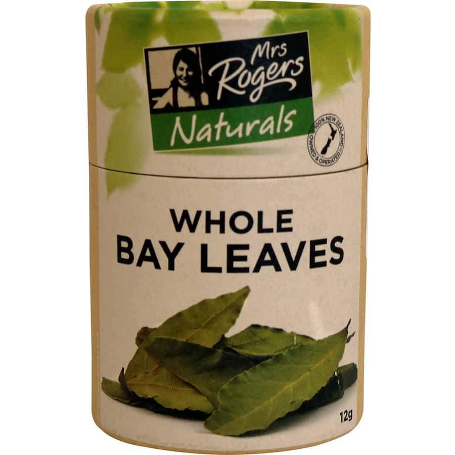 Whole bay leaves from Mrs Rogers Naturals, known for their rich flavor and sweet aroma, ideal for enhancing dishes.