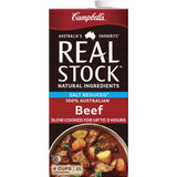 Campbell's salt-reduced beef stock, a rich liquid base for soups and sauces, perfect for health-conscious cooking.